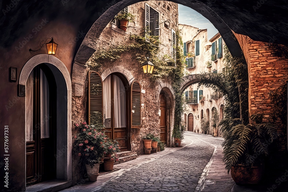 street alley with old stone houses arched windows, created with ...