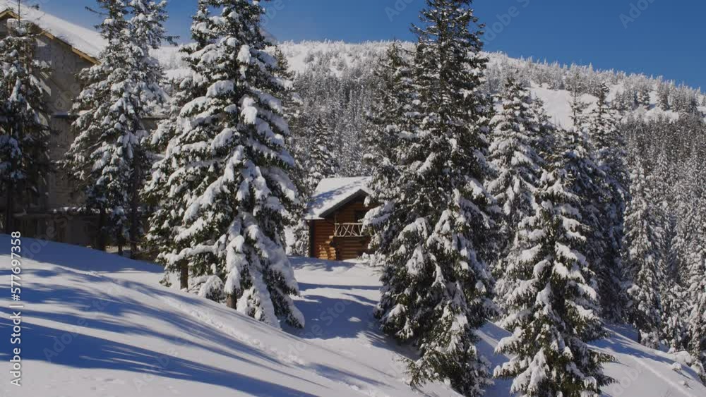 Forest cabin covered in snow on sunny winter day in mountains Forest cabin covered in snow on sunny winter day in mountains