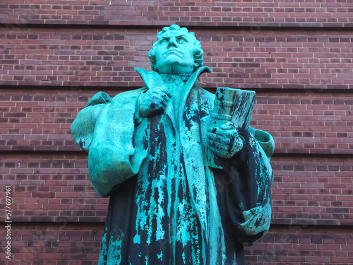 Sculpture of Martin Luther t Famous St. Michaelis Church in Hamburg named Michel