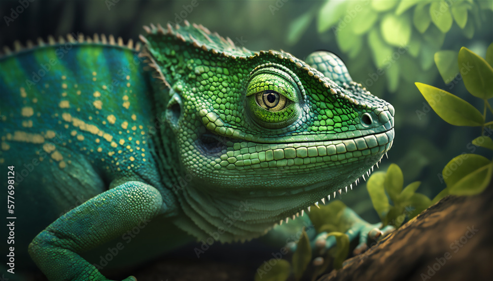 green iguana on a branch created with Generative AI technology