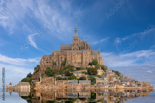 abbey above the mountain called Mont Saint Michel one of the most visited places in France