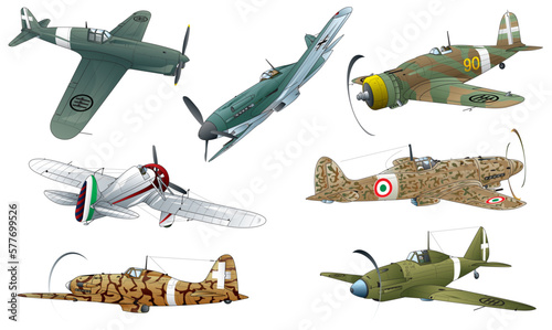 7 types of Italian world war 2 single engine propeller war fighter illustration. (vector. eps. png. jpeg)	
