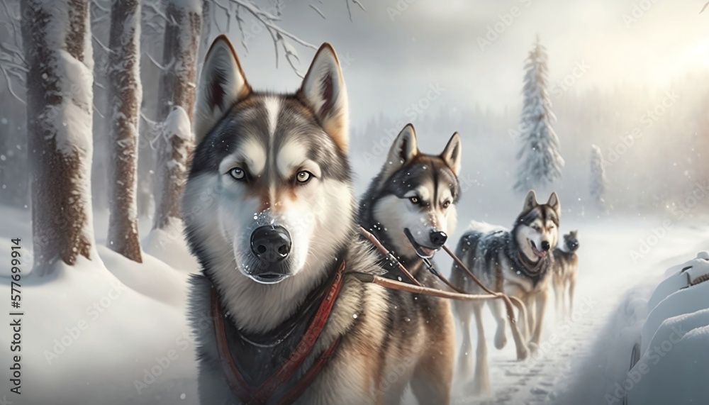 huskies pulling a sled in winter - generative ai