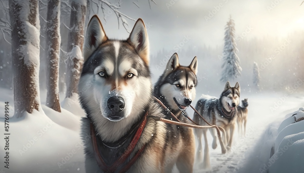 huskies pulling a sled in winter - generative ai huskies pulling a sled in winter - generative ai