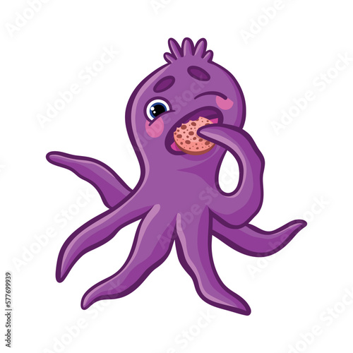 Cartoon cute octopus. Purple octopus with bright emotions, joy, smile, tears, love and hearts, fear. Underwater world, marine flora and fauna. Vector illustration of octopuses.