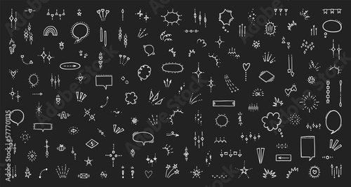 Vector set of doodles. Modern doodles, speech bubble, sparkle, burst, emphasis, star, heart, arrow, various expressions. Cartoon doodles set. Cute expression signs.