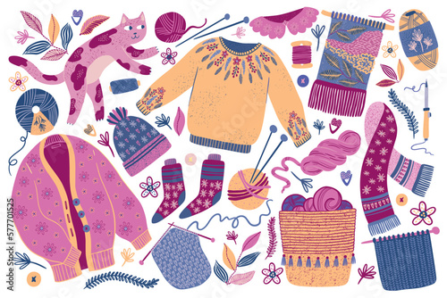 Wool cardigan or sweater. Handmade clothing. Scarf and socks. Funny pet cat. Knitting tools and knitted winter mittens. Macrame hobby. Basket with yarn balls. Vector flat illustration