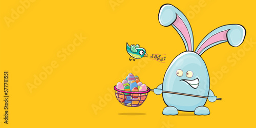 Cartoon funny cartoon blue easter bunny holding butterfly net full of colorful easter eggs inside isolated on horizontal banner pink background. Easter hand drawn blue cute rabbit sticker or label
