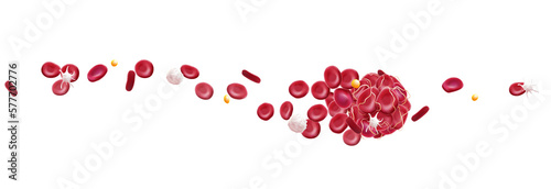 3D illustration of a blood clot in a blood vessel showing a blocked blood flow with platelets and white blood cells in the image. medical use education and science