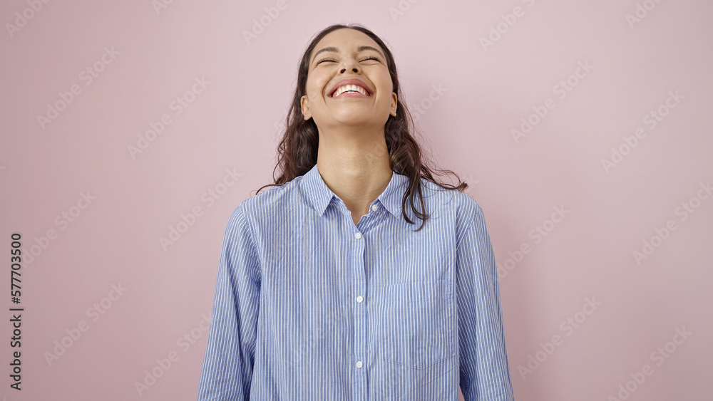 Young beautiful hispanic woman smiling confident over isolated pink background Young beautiful hispanic woman smiling confident over isolated pink background
