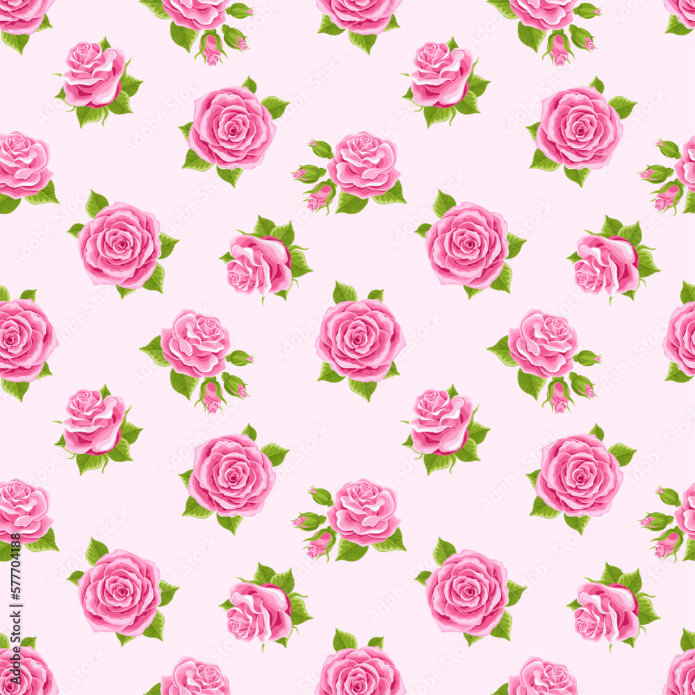 Pink roses seamless pattern. Bright coloredTexture for fabric, wallpaper, print
