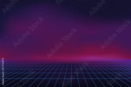 Retro game background. Digital waves. Abstract future landscape. 3D virtual purple grid. Line laser mesh. Space perspective. Wireframe backdrop. Cyberspace net. Vector graphic design