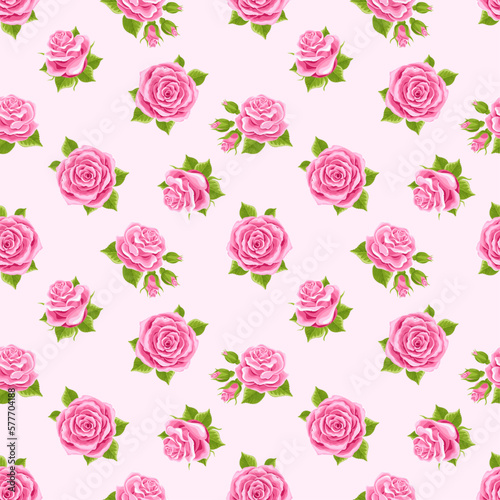 Pink roses seamless pattern. Bright coloredTexture for fabric, wallpaper, print