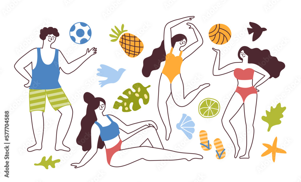 Happy doodle human. Beach lifestyle. Funny summer tropical characters. Diversity travel persons. Man playing with ball. Women in bikini. Leaves and fruits. Vector isolated illustration