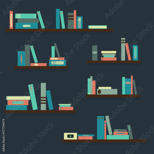 Bookshelves with colorful books on a dark blue wall. Educational concept, retro design. Vector, eps10