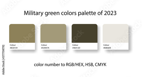 Military green colors palette of 2023. Trend color guide collection in RGB, CMYK. Color set for fashion, home interior, design.