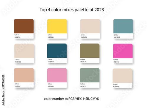 Top 4 pastel color mixes palette of 2023. Trend color guide collection in RGB, CMYK. Bright color set for fashion, home interior, design.