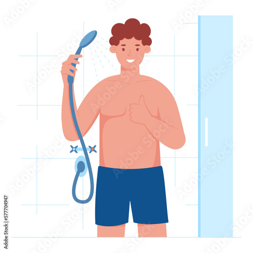 Man takes a shower in the bathroom. Happy guy takes a contrast shower. Methods of hardening one's health. Bath morning hygiene procedure. Vector illustration