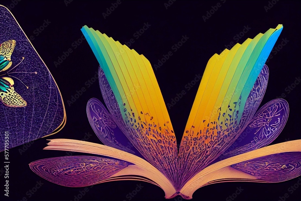 an open book with butterflies flying out of it on a black background