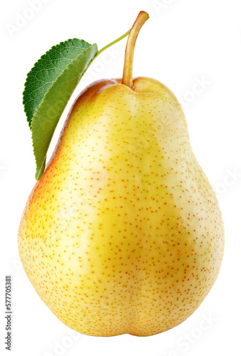 Red yellow pear fruits with green leaf isolated on transparent background. Full depth of field.