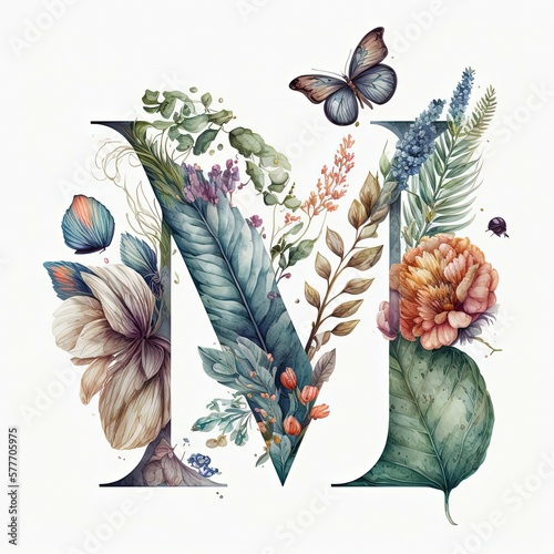 floral monogram letter M for your fauna inspired projects generative ai