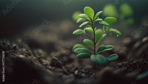 Beautiful close up young growing small plant in a morning sunlight. Springtime. Selective focus on green sprout. New beginning concept. AI generative image.