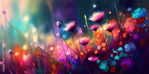 Meadow full of flowers. Watercolor painting. Generative AI art.