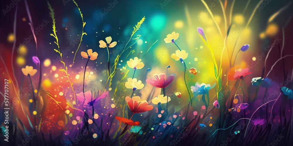 Meadow full of flowers. Watercolor painting.
Generative AI art.