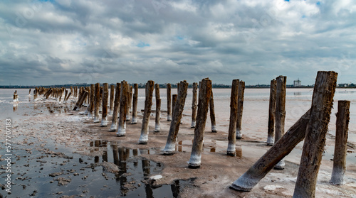 Salt crystals on wooden pillars of an old 18th century salt industry. The ecological problem is drought.