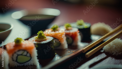 Delicious set of different sushi rolls, japanese sea food on dark indoor background. AI generative image.