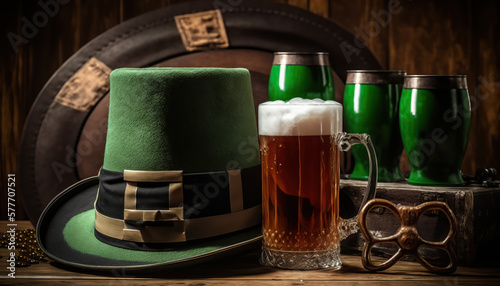St. Patric's day greeting banner with beer and green hat. Horizontal indoor background. AI generative image.