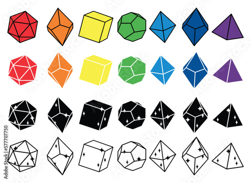 Black, white and multicolored dice for roleplaying