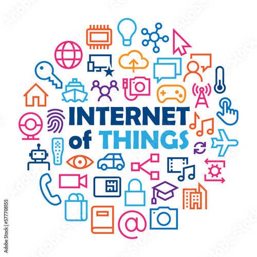 INTERNET OF THINGS with related icons arranged in a circle on white background