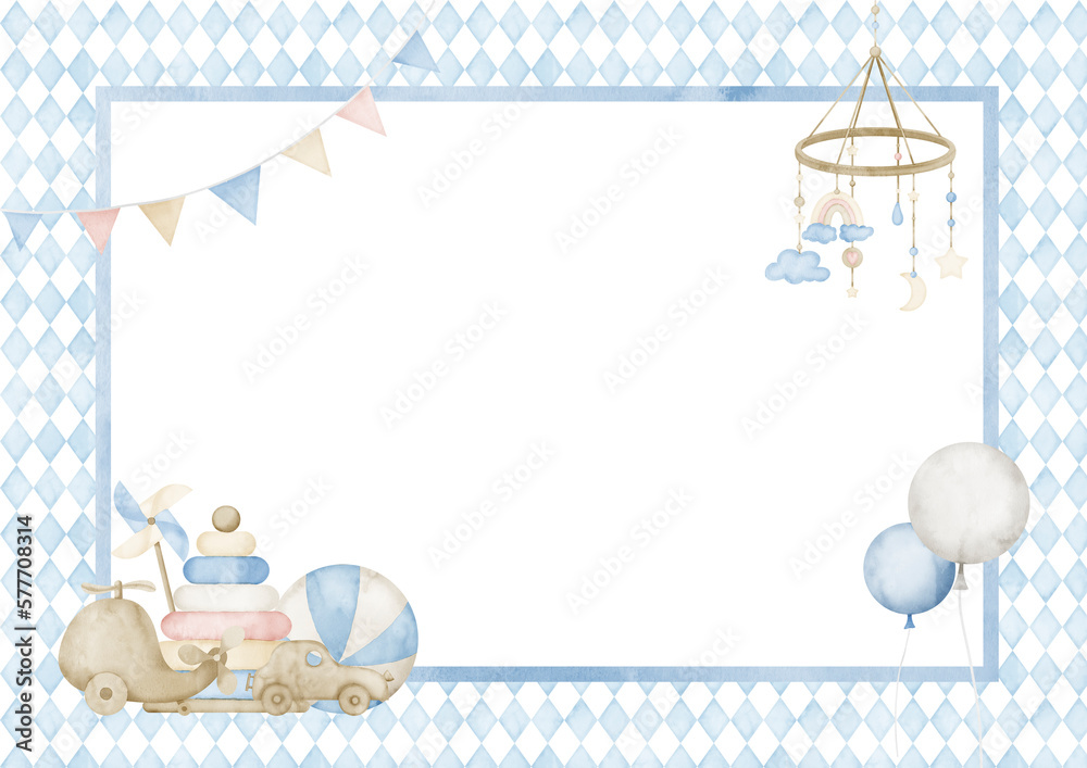 Template for Baby Shower greeting card or invitation. Hand drawn watercolor illustration with balloons, toys and garland in pastel blue and beige colors. Space for text. Drawing for newborn party. - obrazy, fototapety, plakaty 