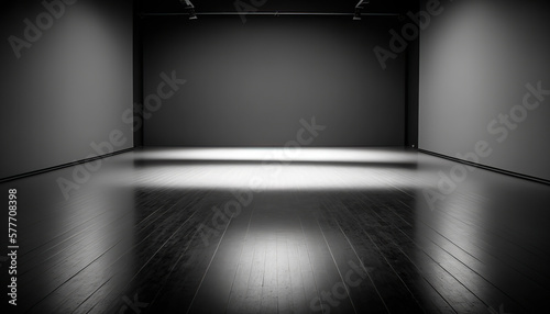 Modern professional photo studio interior with photograph equipment. Horizontal indoor background with copy space. AI generative image.