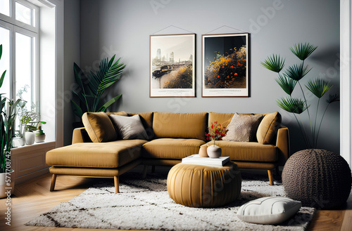 Mustard yellow corner sofa in modern living room interior. Pouf, Painting in frame on wall, plants and window. Generative AI
