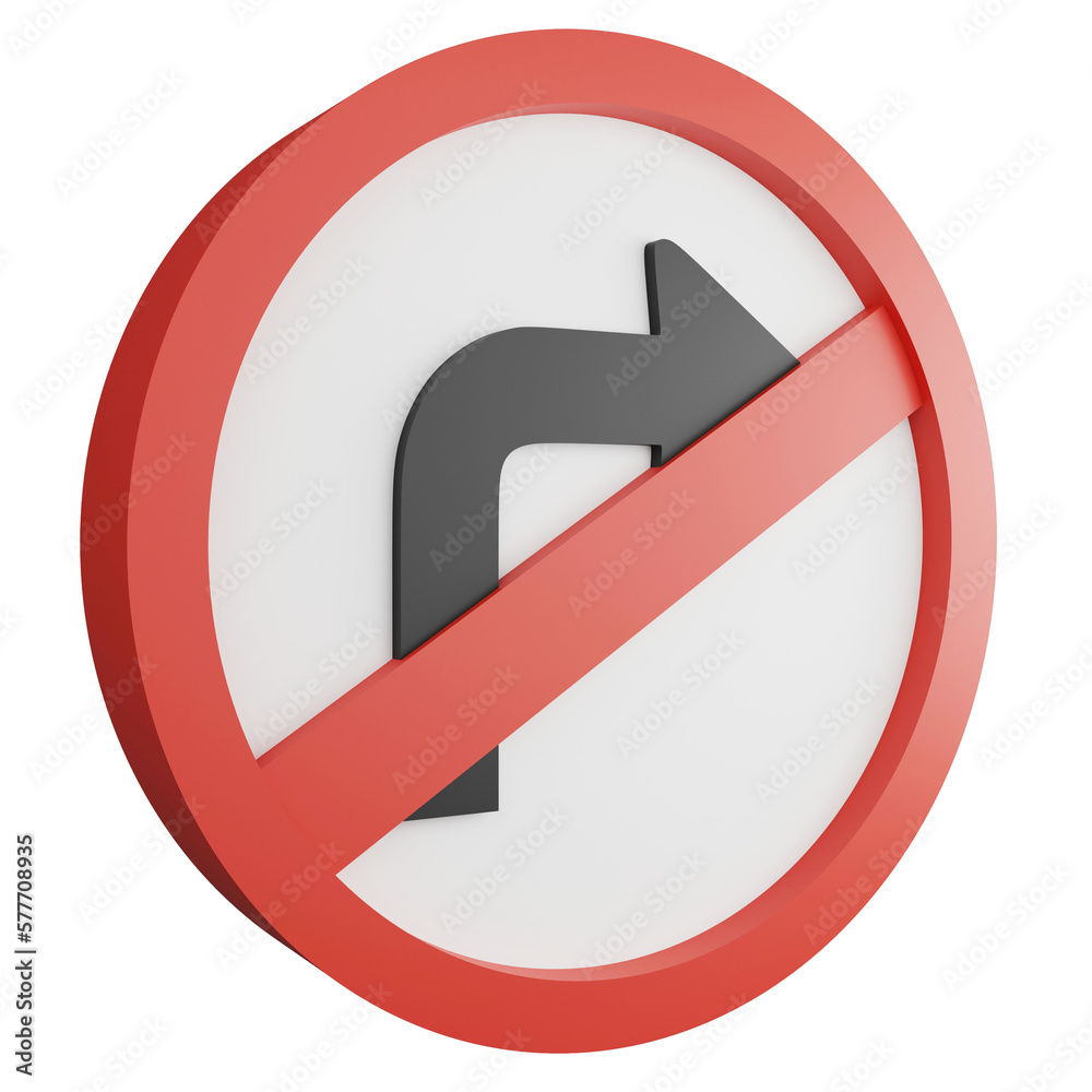 3D render no right turn sign icon isolated on transparent background, red mandatory sign 3D render no right turn sign icon isolated on transparent background, red mandatory sign
