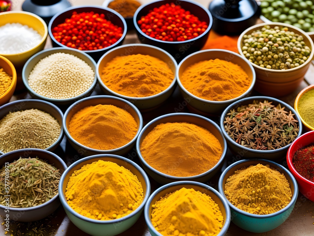 A colorful close-up of a market stall with various spices and herbs in small bowls created with Generative AI technology