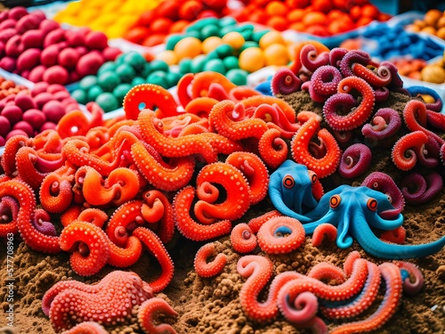 A colorful market of octopuses and other sea creatures trading goods created with Generative AI technology