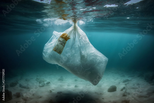 Plastic bag floating underwater in the ocean. Microplastic sea pollution. Generative ai