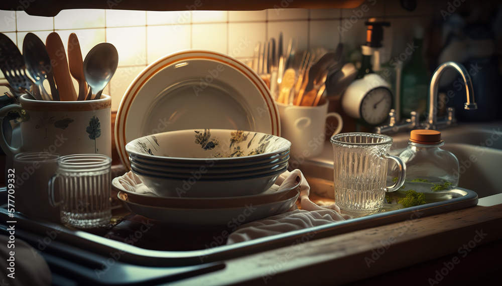 Kitchen sink with dirty dishes, pile of unclean utensils, household