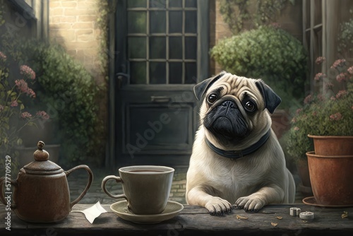 Illustration of a pug dog drinking tea - Created with generative ai