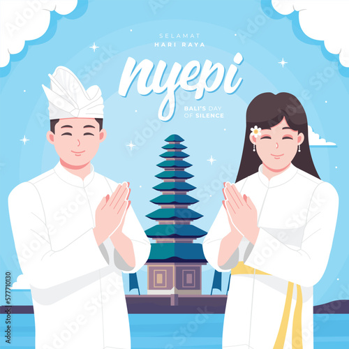 Happy Nyepi day means Bali day of silence concept illustration