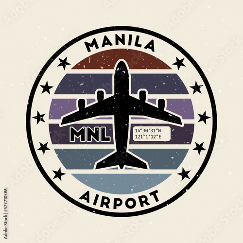 Manila airport insignia. Round badge with vintage stripes, airplane shape, airport IATA code and GPS coordinates. Amazing vector illustration.