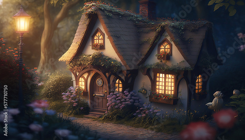 Digital illustration of fantasy fairy tale little cute house. AI generative image.