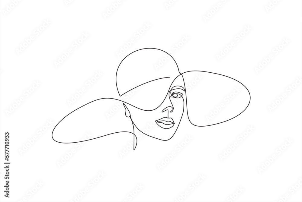 Woman in hat vector one line art. Line illustration. Minimalist print. Black and white. Beauty logo. portrait of young modern woman wearing hat. isolated female portrait. Line art