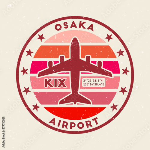 Osaka airport insignia. Round badge with vintage stripes, airplane shape, airport IATA code and GPS coordinates. Beautiful vector illustration.