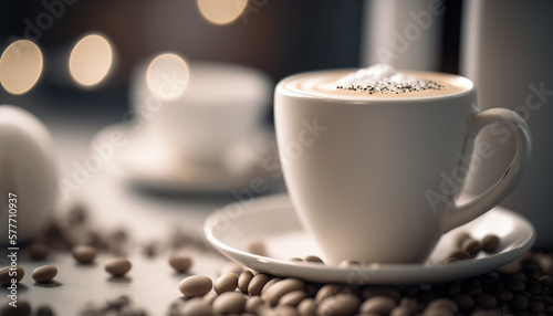 Close up of tasty hot cup of latte. Selective focus indoor background. AI generative image.