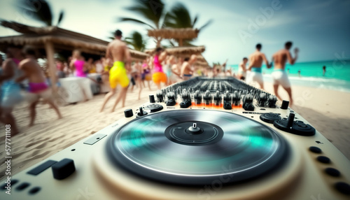 Dj turn table console on the foreground and blurred people crowd on the backdrop, summer beach party, ocean sunny sandy coast with palm trees, music event poster. AI generative image.
