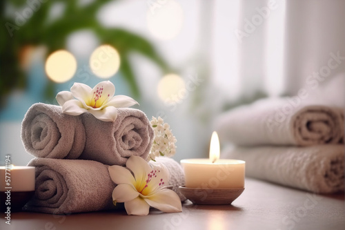 AI Generative image, spa accessory composition set in spa hotel , beauty wellness center . Spa product are placed in luxury spa resort room , ready for massage therapy . Sublime Generative AI image .